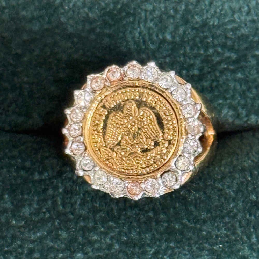 Gold Tone Mexican Dos Pesos Coin Replica Cocktail Ring Mexico Eagle Crystal Halo